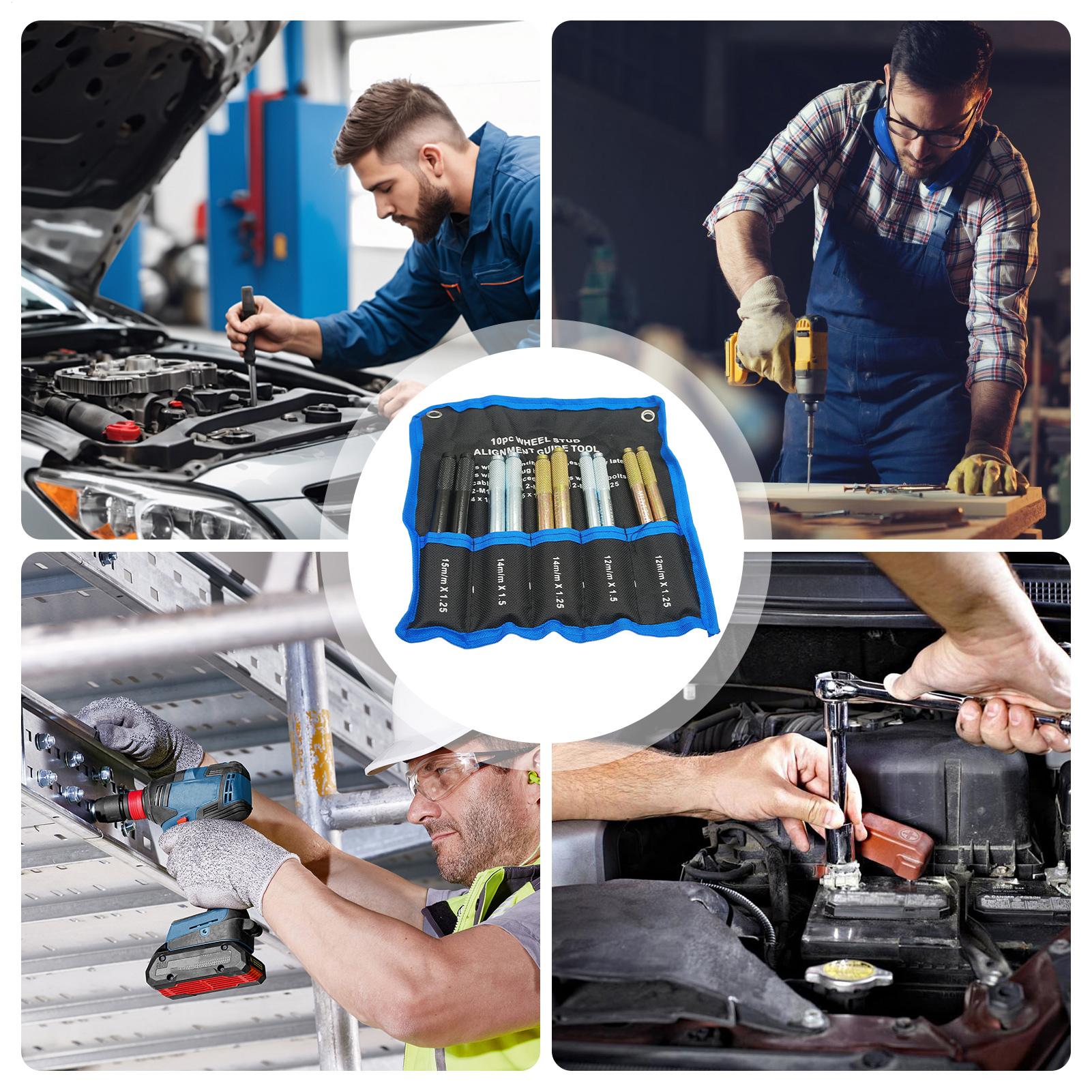 Automotive Tools - ホイールアライメント用スタッドピン 10個入り。汎用タイプで、防錆・滑り止め加工が施され、正確な位置決めが可能な自動車用ホイールスタッドガイドツール。ガレージやワークショップでの使用に最適。