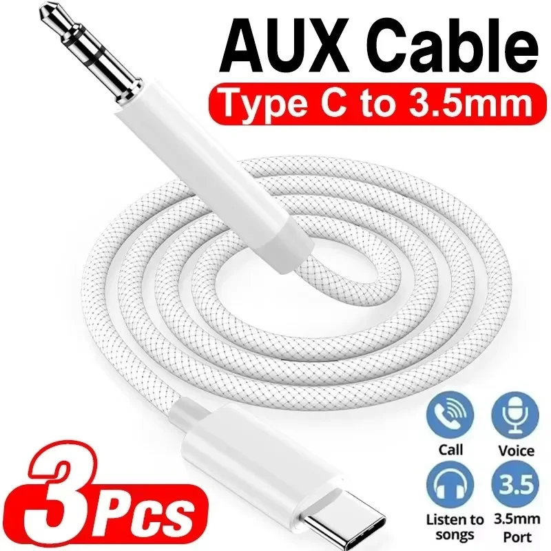 Car Jack - USB-C - 3.5mm オス AUX オーディオケーブル。ナイロン編み込み、Type-C